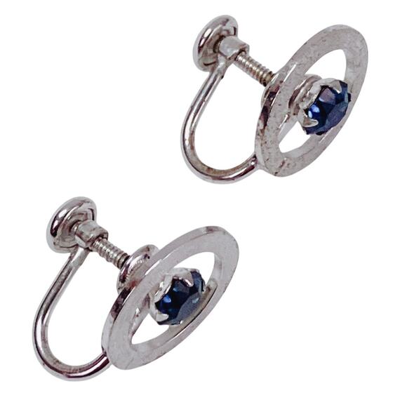 VTG Sterling Silver 50s Signed A&Z Earrings Blue Rhinestone Modernist Screw Back - Picture 7 of 11